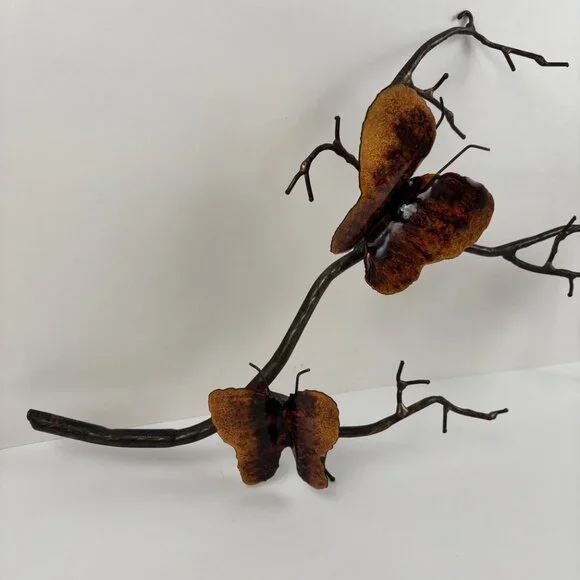 Bovano Enamel on Copper Butterflies on Branch Metal Wall Art Mid Century